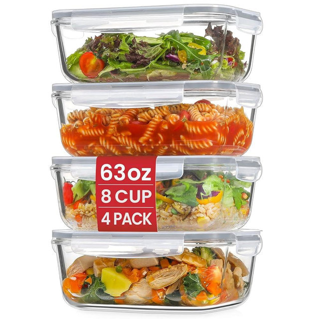 Snuvid 4 Pack 8 Cups/ 63oz Large Glass Storage Containers with Lids, Meal Prep Containers, Glass Food Storage with Airtight Lid for Baking, Leak Proof & Microwave, Oven Safe (4 Containers + 4 Lids)