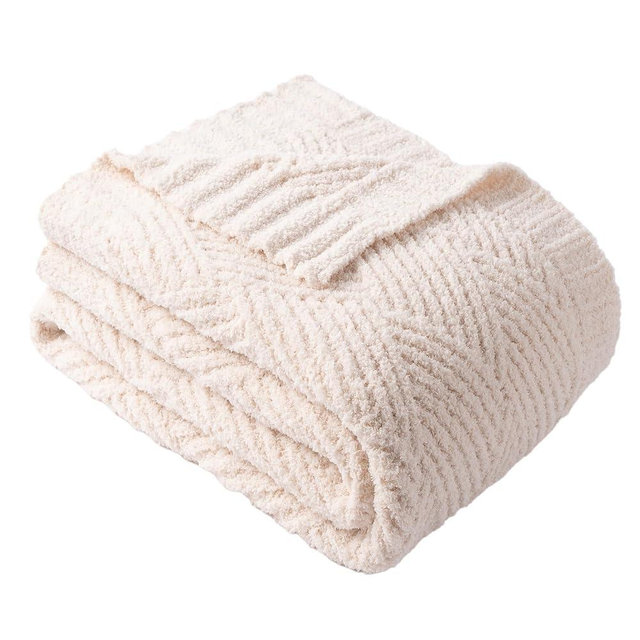 Battilo Ivory Chenille Throw Blanket for Couch, Soft Diamond Textured Knit White Blanket, Cozy Lightweight Decorative Blankets for Sofa, 50"x60"