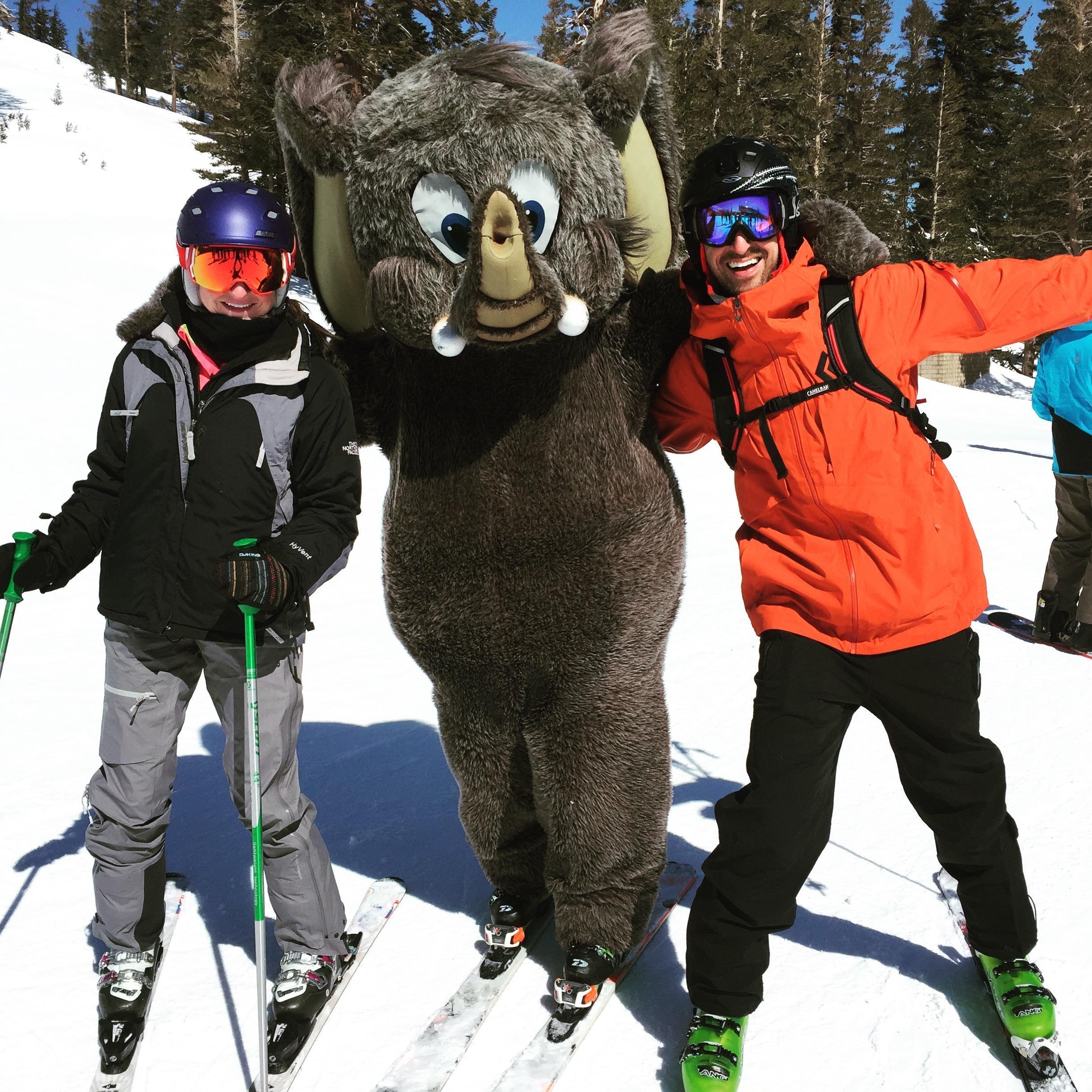 Skiing in Mammoth with Jordan's best bud, Woolly. Jamie was not thrilled to be near a person in costume.