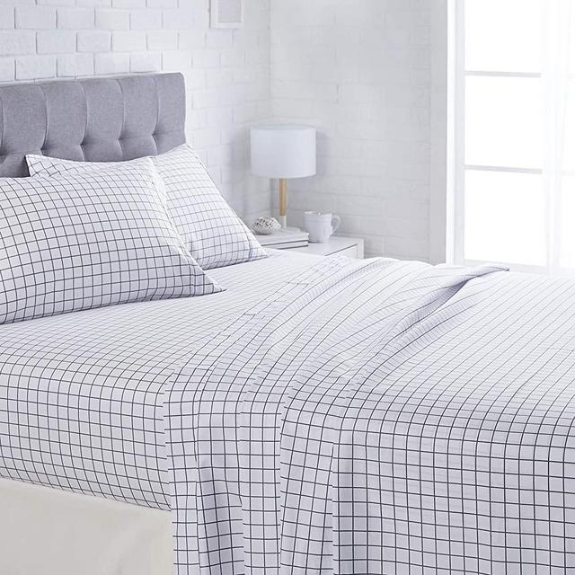 AmazonBasics Lightweight Super Soft Easy Care Microfiber Bed Sheet Set with 16" Deep Pockets - King, Blue Grey Windowpane