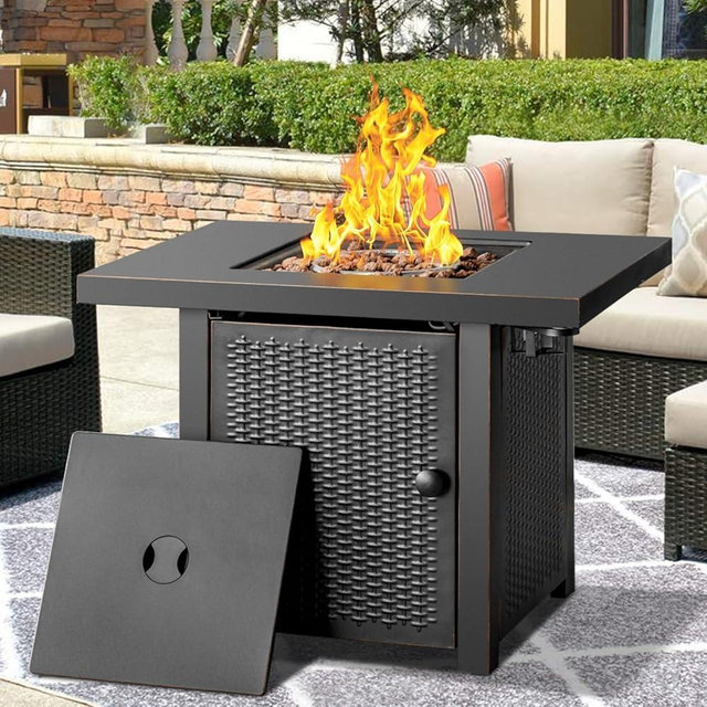 OutVue 32 Inch Propane Fire Pit Table, Outdoor Gas Fire Pits with 2 Drink Holders, Lid & Lava Rock, 50000 BTU Firepit for Dinning, Party in Outside, Patio, Garden or Yard
