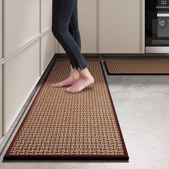 eqivei Kitchen Rugs and Mats Non Skid Washable Set of 2 PCS, Absorbent Runner Rugs for Kitchen, Farmhouse Weave Floor Mats in Front of Sink, 17.3"x 47"+17.3"x 29" (Brown)