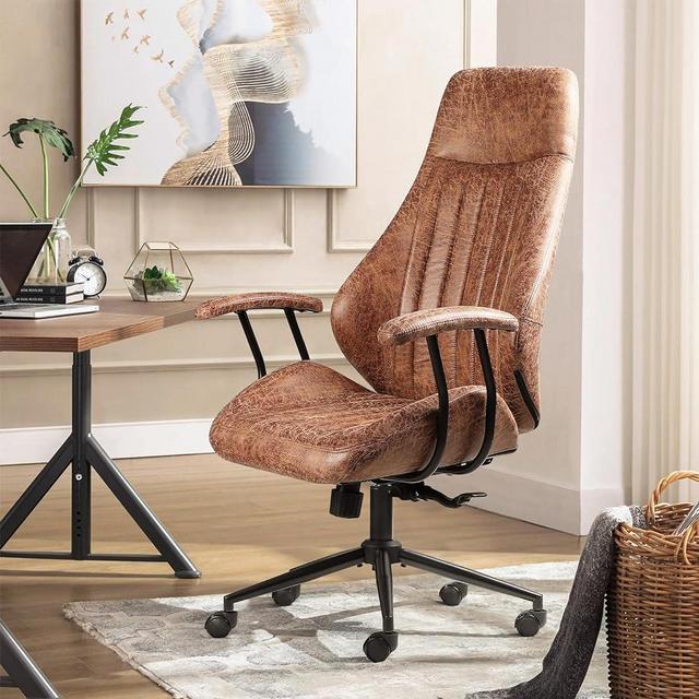 PUKAMI Leather Office Chair,Computer Chair,Computer Desk Chair,Morden Ergonomic Desk Chair,High Back Desk Chair,Height Adjustable Suede Fabric Executive Chair with Padded Armrest(Brown)