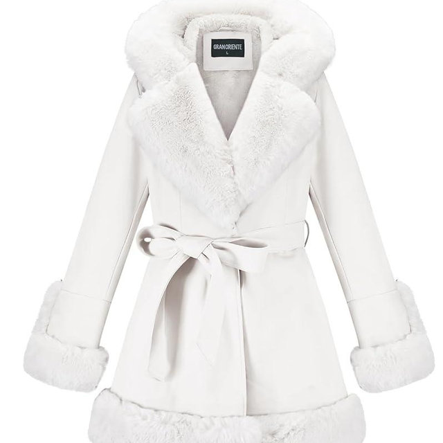 GRAN ORIENTE Women's Faux Leather Jacket with Faux Fur Collar, Winter Long Sleeve Furry Trim Peplum Parka Coat with Belt