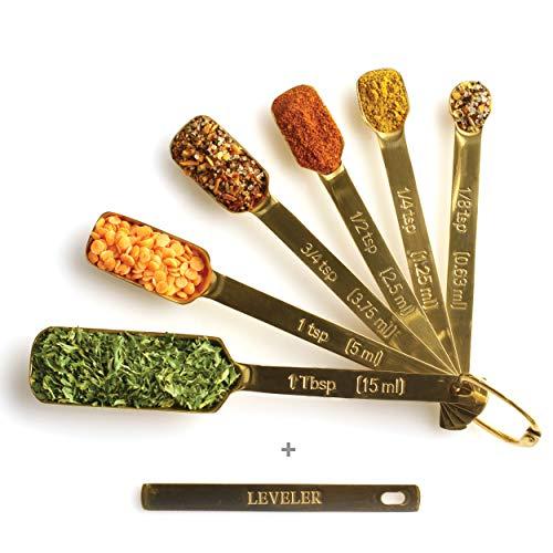 2lbDepot Gold Measuring Spoons - Set of 7 Includes Leveler - Premium Heavy-Duty Stainless Steel, Narrow, Long Handle Design Fits in Spice Jar