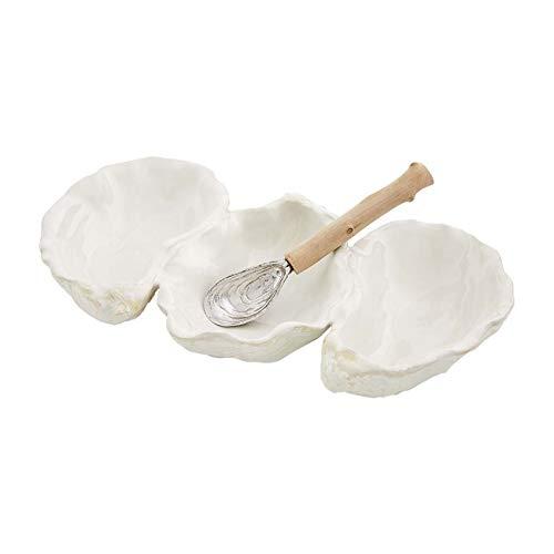 Mud Pie, White, Oyster Shaped Triple Dip and Serving Set, 10.25" x 5.5"