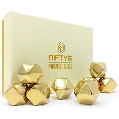 Whiskey Stones Gold Edition Gift Set of 8 Stainless Steel Diamond Shaped Ice Cubes, Reusable Chilling Rocks including Silicone Tip Tongs and Storage Tray by NIFTY5