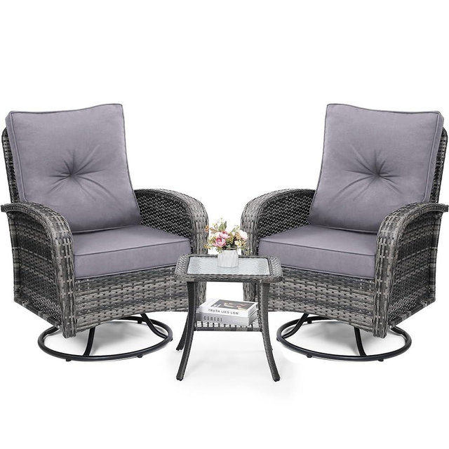 wildformers Luxury Outdoor Swivel Wicker Glider Patio Chairs with Table Set, Overstuffed Washable Cushions, Ideal for Porch, Balcony, Deck, Grey Rattan and Grey Cushion