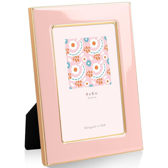 RICHFOCUS 4x6 Enamel Picture Frame with Gold Metal Edge, HD Tempered Glass Photo Frame with Velvet Back & Easel Stand for Wall or Tabletop Display Family Office Photo Gallery, Pink