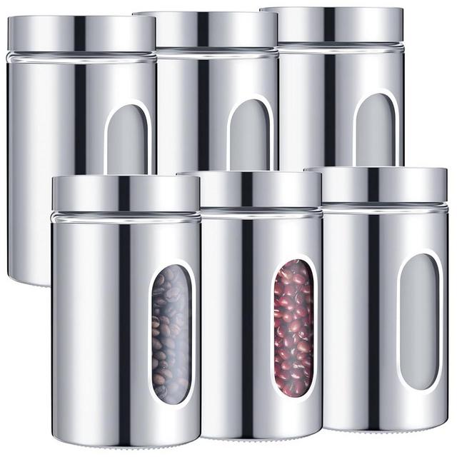Mimorou 6 Pack Kitchen Canisters Set Airtight Coffee Sugar Tea Candy Storage Jars with Window Glass Stainless Steel Containers with Lids for Flour Cookies Spices Grains Kitchen Decorations(32 oz)