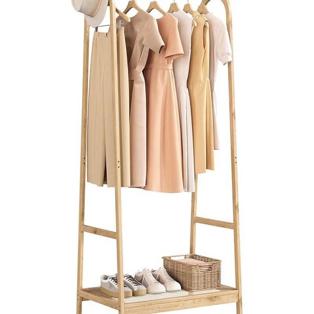 Bamboo Clothes Rack, Freestanding Clothing Rack with Storage Shelf and Hanging Rod, Easy Assemble, Portable Clothes Rack, Wooden Space-Saving Garment Rack Organizer for Entryway, Bedroom, Living Room