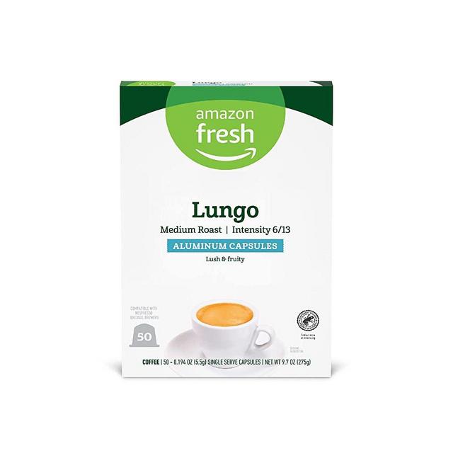 Amazon Fresh Lungo Medium Roast Aluminum Capsules, Compatible with Nespresso Original Brewers, Intensity 6/13, 50 Count (5 Packs of 10)