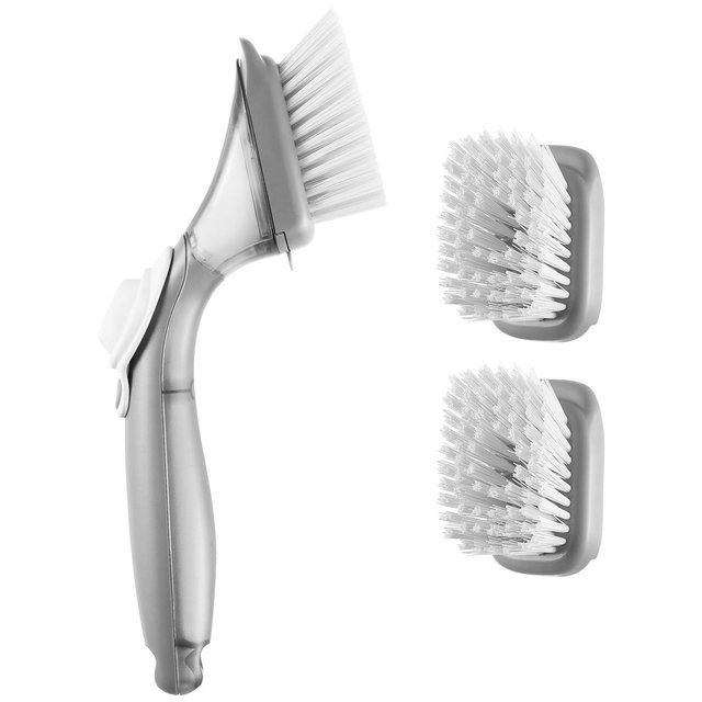 VEVOR Soap Dispensing Dish Brush, Kitchen Scrub Brushes with 3 Brush Heads, Dish Cleaning Brushes with PP Handle and Curved Bristles, Gray