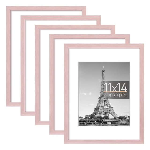 upsimples 11x14 Picture Frame Set of 5, Display Pictures 8x10 with Mat or 11x14 Without Mat, Wall Gallery Photo Frames, Pink