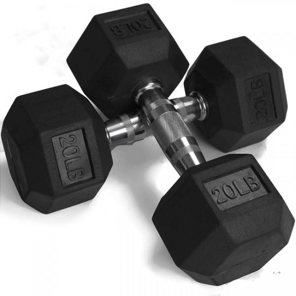 Pair of 20 lb Black Rubber Coated Hex Dumbbells