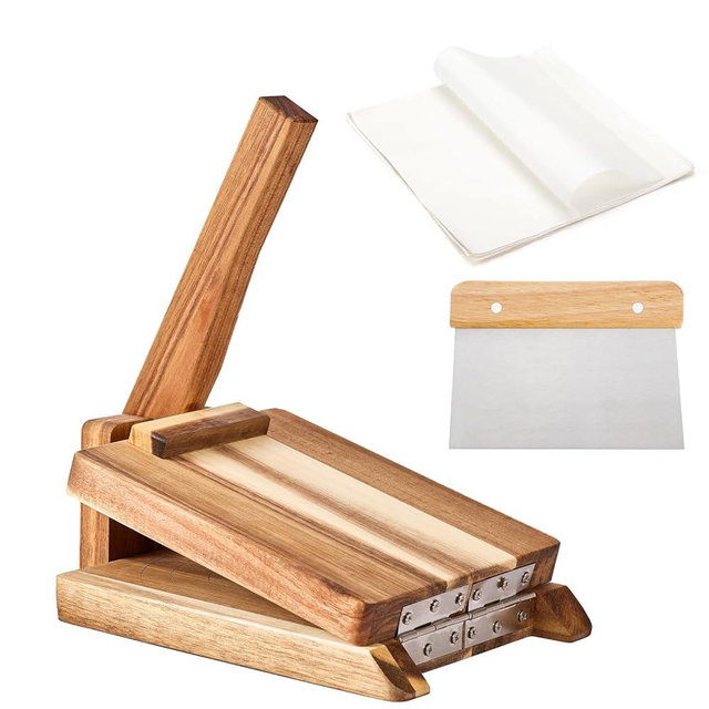 WGLILO Wooden Tortilla Press with 50pcs Parchment Paper & Stainless Steel Dough Scraper, Large Mexican Square Flour Tortillera Presser Homemade for Tortillas Roti Burrito, Tacos, Pataconera, 8 inch