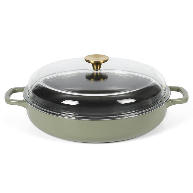 Sur La Table Kithcen Essential 3.75 Quart Enamel Cast Iron All In One Multi-Purpose Non-Toxic Nonstick Braiser Pan W/Borosilicate Glass Lid - Green
