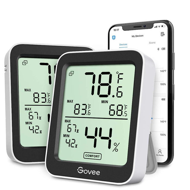 Govee Indoor Hygrometer Thermometer 2 Pack, Bluetooth Humidity Temperature Gauge with Large LCD Display, Notification Alert with Max Min Records, 2 Years Data Storage Export for Room Greenhouse, Black