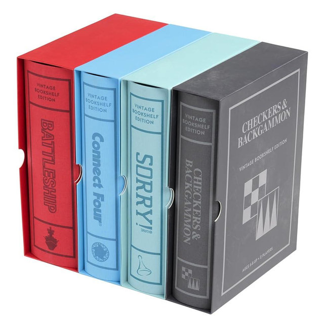 WS Game Company Battleship, Connect Four, Checkers and Backgammon, and Sorry! Vintage Board Game Bookshelf Collection
