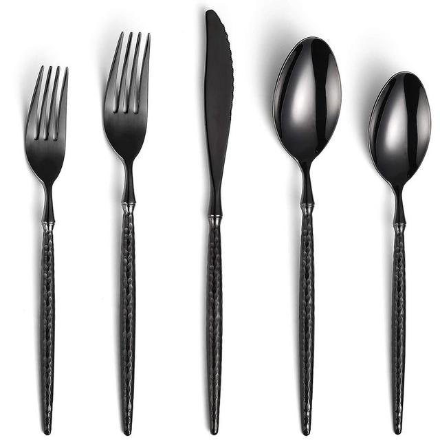 Hammered Stainless Steel Black Silverware Set,20 Piece Modern Cutlery Set Service for 4,Mirror Polished Flatware Set Tableware Set,Dishwasher Safe