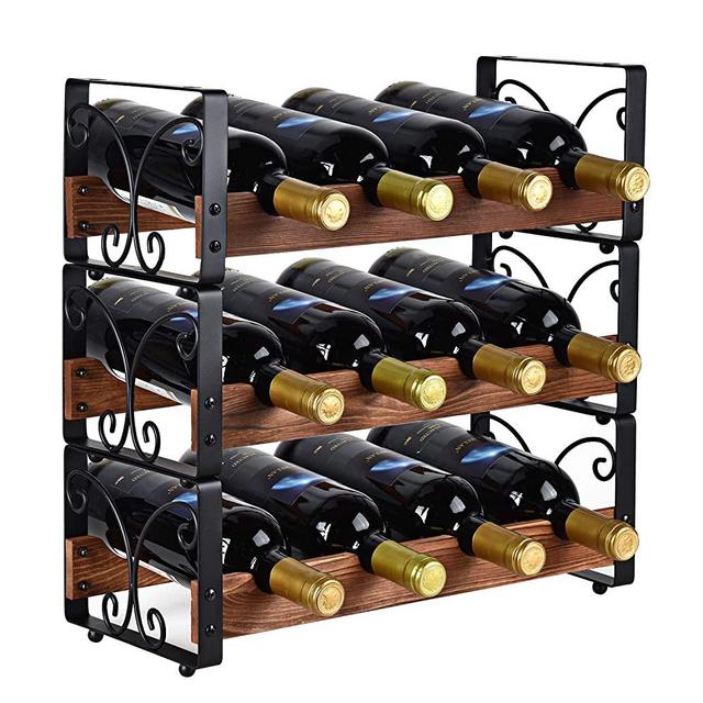 X-cosrack Rustic 3 Tier Stackable Wine Rack Freestanding 12 Bottles Organizer Holder Stand Countertop Liquor Storage Shelf Solid Wood & Iron 16.5" L x 7.0" W x 16.5" H-Patent Pending