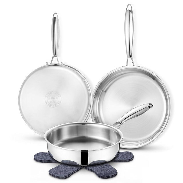 E-far Frying Pan Set of 3, 8/10/12 Inch Tri-Ply Stainless Steel Skillet Set, Cooking Pans for Searing & Sauting, Heavy-Duty & Non-Toxic Kitchen Cookware, Induction Compatible, Oven & Dishwasher Safe