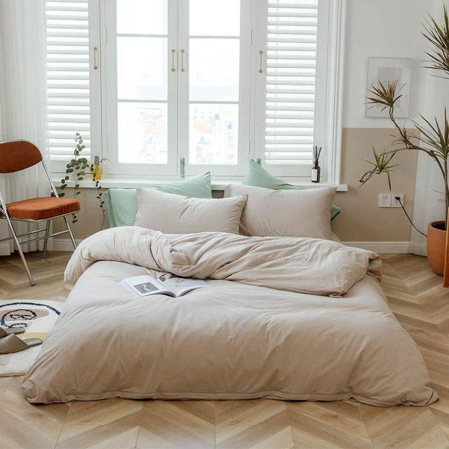 Modern Solid Duvet Cover Set Queen Super Soft Knit Cotton Bedding Set Solid Apricot Color Comforter Cover 1 Duvet Cover 2 Pillowcases Hotel Quality Cotton Solid Quilt Cover Set Queen Full Bedding Set