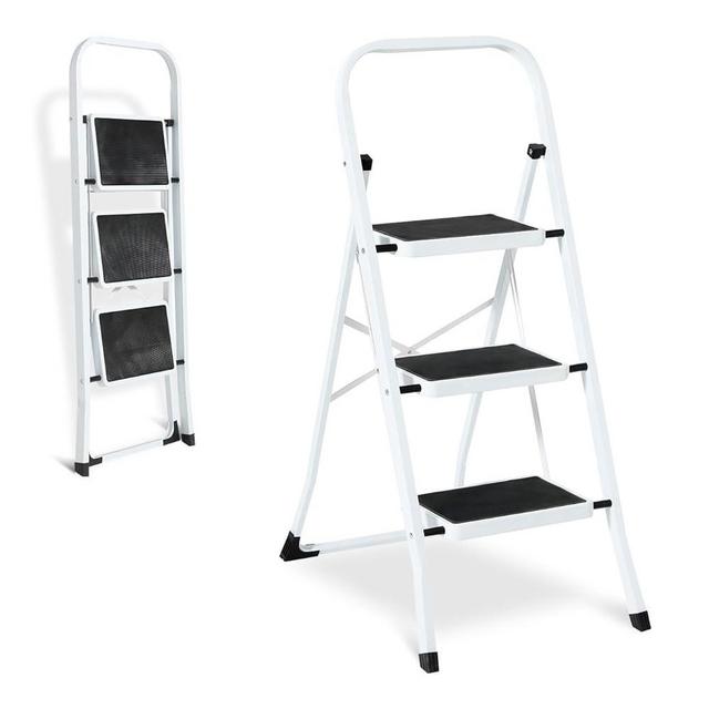 Double Elite Step Ladder 3 Step Folding with Handgrip, Sturdy 330Lbs Load Stylish Step Stools for Adults, Safer Folding Step Stool Ladder, Small 3 Step Ladder for Home with Anti-Slip Wide Pedals,White
