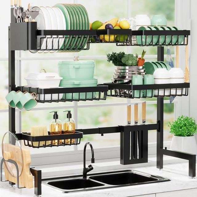 Sakugi Dish Drying Rack - Over The Sink Dish Drainer Drying Rack with Utensil & Knife Holder, Hooks, Stainless Steel Kitchen Organizers and Storage Solution, 11.8" D x 31.5"~39.0''W x 30" H, Black