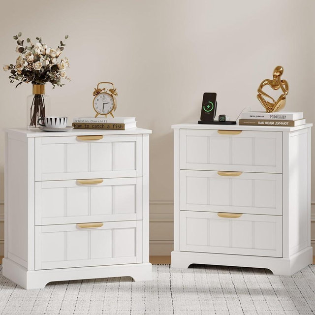ChooChoo 27" White Nightstand Set of 2, 3 Drawer Night Stand with Charging Station, Larger Bedside Table with USB-C, Modern End Table with Storage for Bedroom