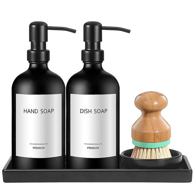 GMISUN Kitchen Soap Dispenser Set, 16 Oz Hand and Dish Soap Dispenser with Ceramic Tray & Bamboo Dish Brush, 2 Pack Matte Black Glass Liquid Pump Bottle, Modern Refillable Dish Soap Bottle