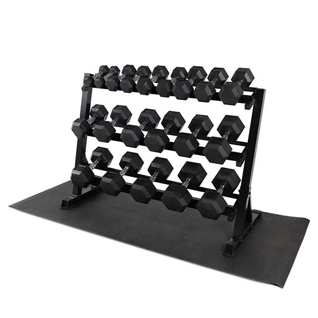 WF Athletic Supply Rubber Coated Hex Dumbbell Set, Multiple Choices Available - Dumbbells with Rack Stand and Mat, or Dumbbells Only (200/550/1200/2100/3000 LB)