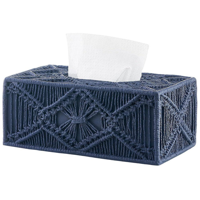 Woven Macrame Boho Tissue Box Cover Rectangular for Home Decor,Resin Heavy Woven Tissue Box Holder for Bathroom Kitchen Countertop,Bedroom, Vanity, Night Stand, Office, Waterproof Durable (Blue)