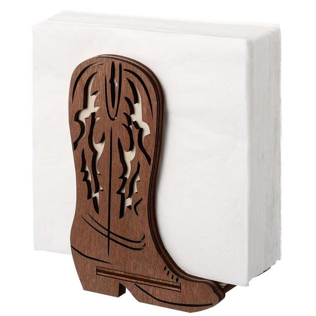 CroBlissful Wooden Western Napkin Holders Cowboy Boot Napkin Holder for Table Kitchen Farmhouse Napkin Dispenser Rustic Paper Napkin Holder Standing Brown for Western Party Decoration(Classic)