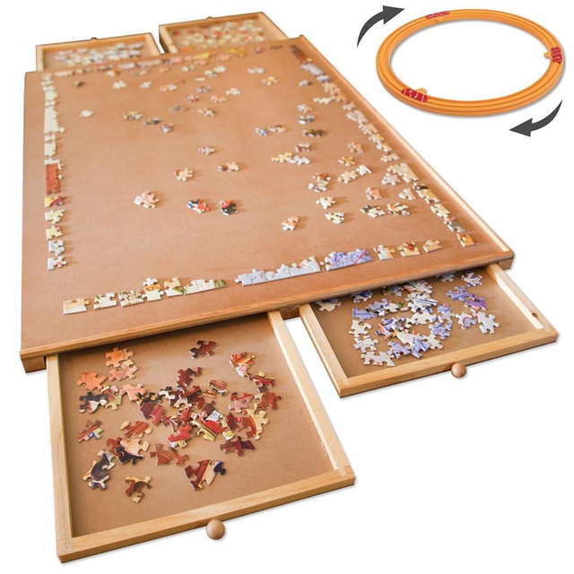 Bits and Pieces - 1000 Piece Puzzle Board with Drawers - Original Standard Wooden Puzzle Plateau - Tabletop Deluxe Jigsaw Puzzle Organizer and Puzzle Storage System (Standard with Spinner)