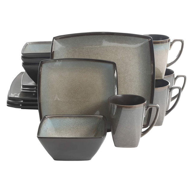 Gibson Elite 16 Piece Glazed Square Dinnerware Set with Plates, Bowls, and Mugs