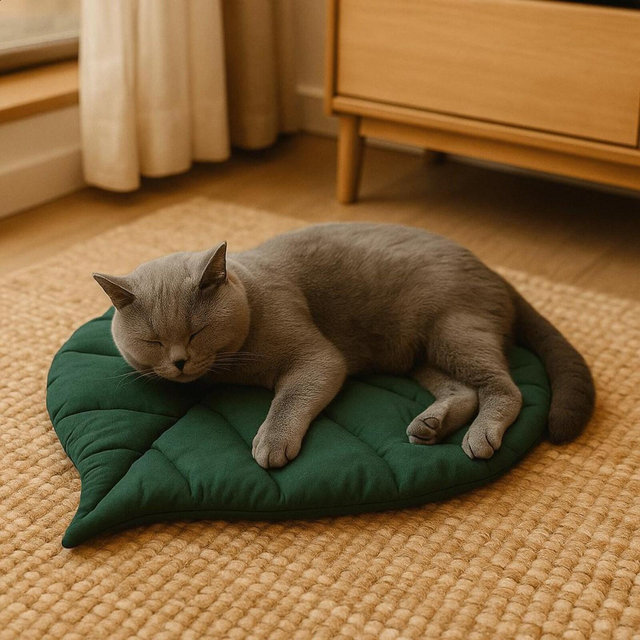 Cat Leaf Bed – Soft Cozy Pet Mat, Cute Green Cat Pillow, Leaf-Shaped Cat Cushion, Playful Kitten Bed, Cat Furniture Gift Idea - Animal Lover