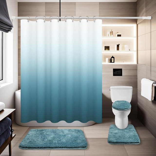 Baahrnom Aqua Bathroom Sets with Shower Curtain and Rugs Waterproof Shower Curtain Set 1 Piece and Soft Bathroom Rugs Sets 3 Piece for Modern Luxury Bathroom Decor