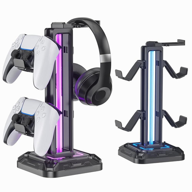 KDD Headset Stand with Light Modes - Controller Holder for Desk - Rotatable Headphone Stand & Detachable Controller Hook for PC Earphone Accessories(Black)