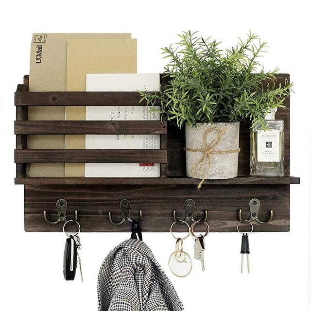 Mail and Key Holder for Wall -  Rustic Wooden Home Decor - Mail Organizer with 4 Metal Hooks for Hanging Keys - Entryway Decorative Wood Mail sorter with Shelf 
