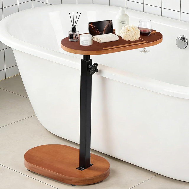 VELOHEIM Bamboo Bathtub Side Table, 360° Swivel Height Adjustable Freestanding Bath Caddy Tray Organizer with 5 Storage, Luxury Home Spa Bathroom Essential (Walnut)