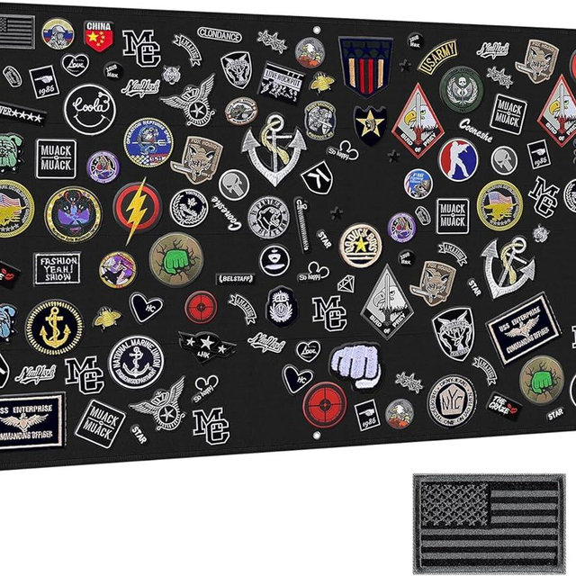 IronSeals Tactical Board Patch Organizer Holder Display with Loop Surface, Steel Ring and Flag Patch (L: 110 x 70 CM/ 43" x 27.5", Black + Flag Patch)