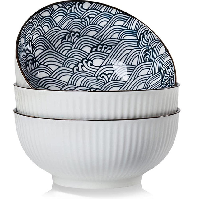 Houlu 60 oz Pho Bowls, Large Soup Bowl, Japanese Ramen Bowl Set, 8 inches Big Porcelain Bowls Set of 3, Wave Pattern