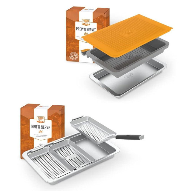 Yukon Glory Prep and Serve Bundle – Includes 3 Grill Baskets, 1 Clip on Handle, 2 Serving Platters, and 1 BBQ Prep Tray - Perfect for All Your Grilled Barbecue