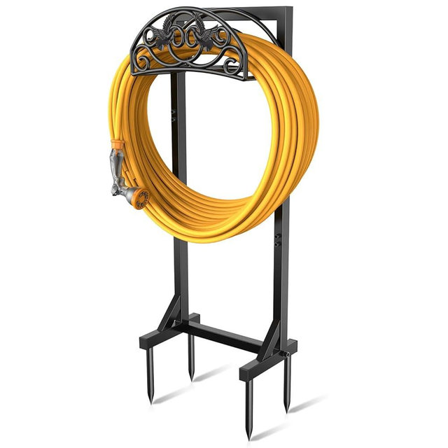 Pattiumo Garden Hose Holder with 4 Spikes, Water Hose Holders for Outside, 150ft Garden Hose Storage Heavy Duty Hose Hanger Metal Hose Stand Detachable Hose Reel Rack Organizer