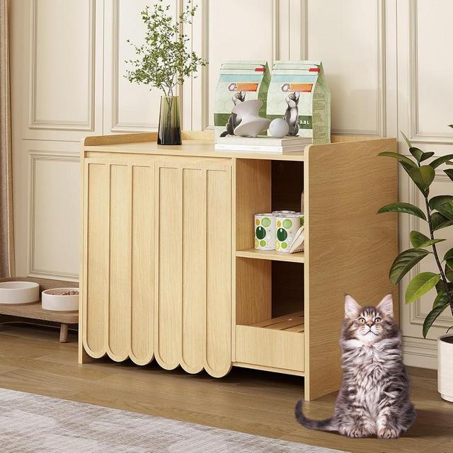 Large Cat Litter Box Enclosure, Hidden Litter Box Furniture with Removable Litter Collector & Dog-Proof Shelf, Modern Wooden Cat Litter Box Cabinet, Cat House, Side Table, Natural