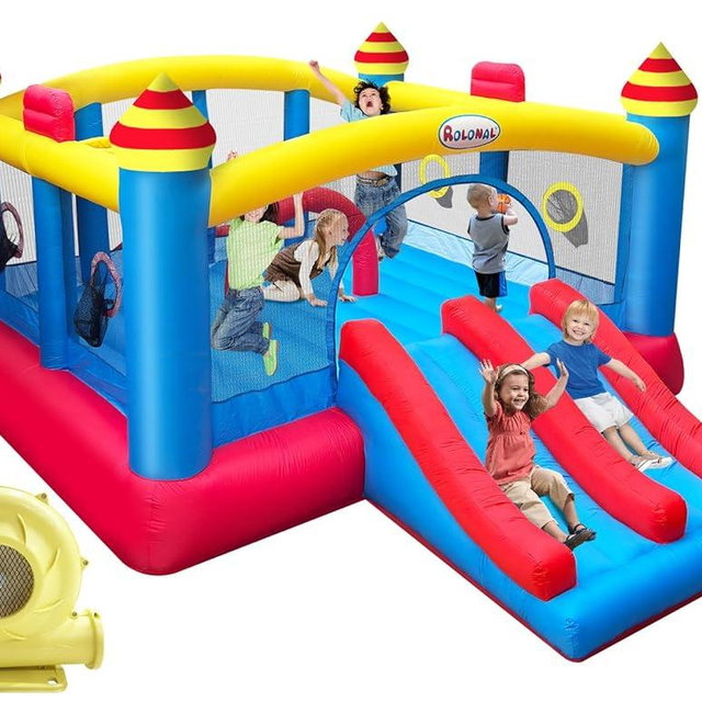 Big Inflatable Bounce House for Party,18.7ft x 13ft,Double Slide,Double Basketball Hoop,Fun Central Obstacle,Throw Ball Game,Reinforced PVC Bounce Floor,Jumping Bouncy Castle Holds 6 Kids