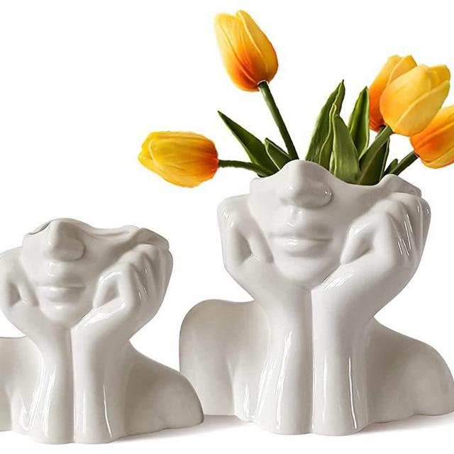 Face Vases -Set of 2 for Flowers,Cute Head Vase - Unique White Ceramic Bust Body Vase Female Modern Cool Vases for Home Living Room Office Shelf Coffee Dining Table Decor