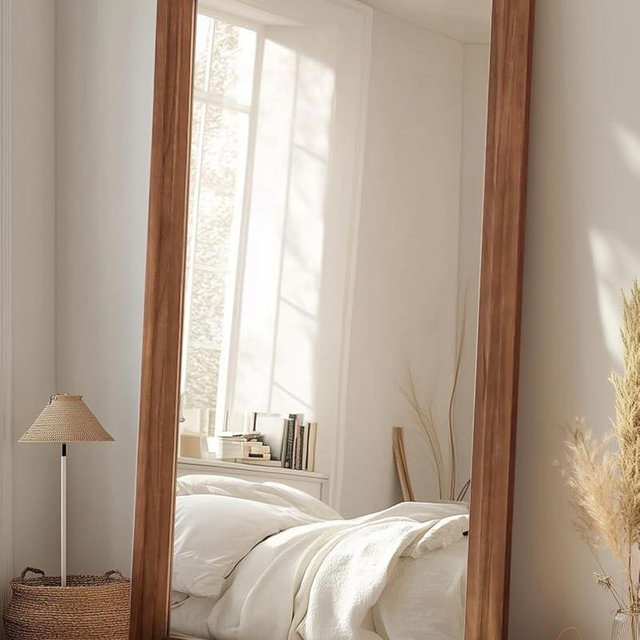 Full Length Mirror, 76"×34" Wooden Mirror Full Length with Stand Wood Floor Mirror, Oversized Stand Up Mirror Large Wall Mirror, Wall Mounted Mirror Full Length, Rect Vintage Style, Browm