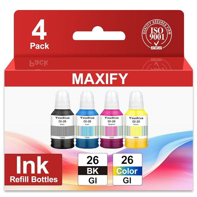 GI-26 GI26 GX7021 Ink Refill Bottles Kit (4-Pack, K/C/M/Y) Compatible GX7021 Ink Replacement for Canon GI-26 GI26 26 with GX7120 GX3020 GX4020 GX5020 GX6020 GX6021 GX7020 Megatank Printer